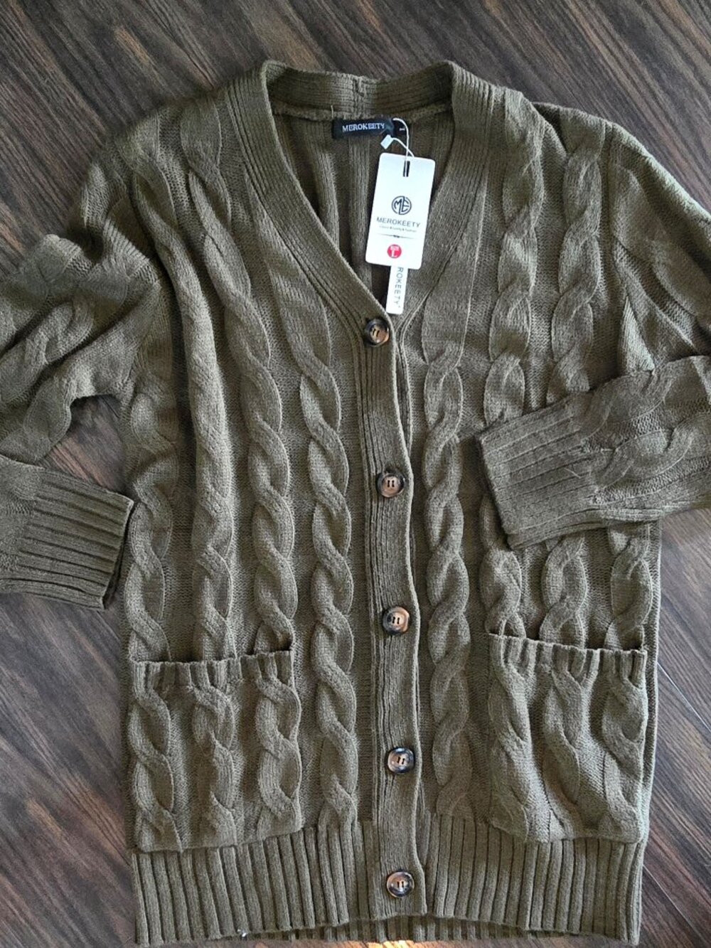 MEROKEETY Women's Classic Style Olive Green Cable Knit Cardigan Sweater NWT/L